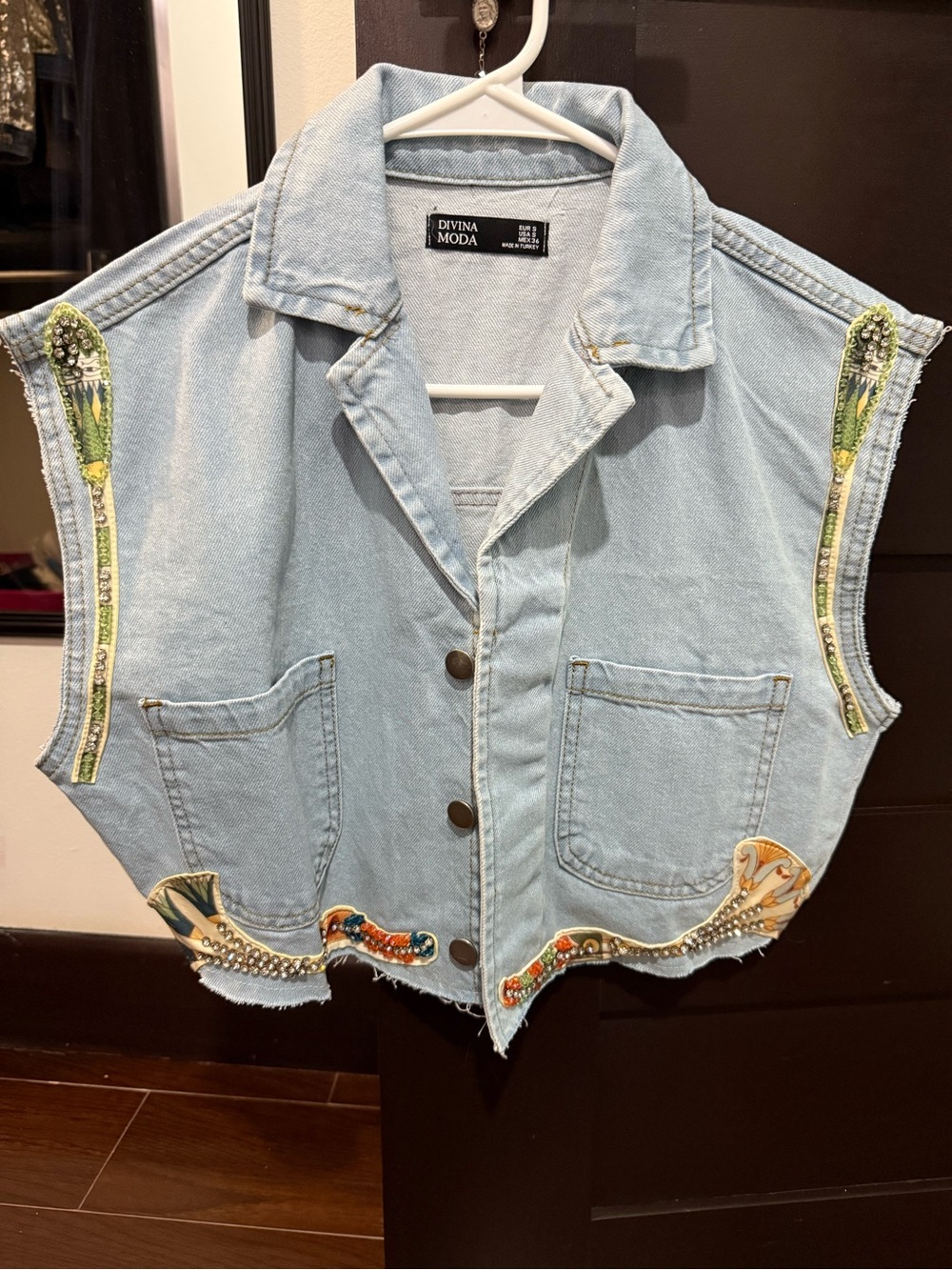 Light Blue Embellished Denim Vest Set